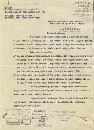 Podanie dowódcy 55 Poznańskiego Pułku Piechoty płk, Stefana Roweckiego