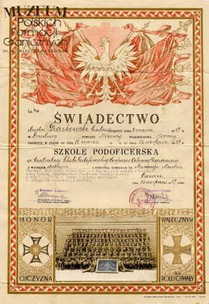 1. Tytuł: świadectwo
2. Treść: świadectwo ukończenia  kursu w Szkole  Podoficerskiej Korpusu Ochrony Pogranicza  w Osowcu 
3. Hasła przedmiotowe: Korpus Ochrony Pogranicza, kadra
4. Wytwórca: komendant Szkoły Podoficerskiej KOP w Osowcu
5. Czas powstania: 15.08.1937 r.
6. Miejsce sporządzenia: Polska, Osowiec
7. Materiał i technika wykonania: druk wypełniony  pismem odręcznym
8. Wymiary: 28 x 40 cm
9. Stan zachowania: dobry
10. Miejsce przechowywania/właściciel: Adam Gach