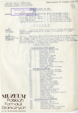 1. Tytuł: rozkaz dzienny nr 199 
2. Treść: rozkaz Dowództwa Centralnej Szkoły  Podoficerskiej Korpusu Ochrony Pogranicza w Osowcu,  dotyczący ukończenia kursu podoficerskiego 
3. Hasła przedmiotowe: Korpus Ochrony Pogranicza, kadra
4. Wytwórca: Dowództwo Centralnej Szkoły  Podoficerskiej KOP w Osowcu
5. Czas powstania: 10.09.1937 r.
6. Miejsce sporządzenia: Osowiec, Polska
7. Materiał i technika wykonania: maszynopis
8. Wymiary: 21,5 x 15 cm
9. Stan zachowania: dobry
10. Miejsce przechowywania/właściciel:   Archiwum Straży Granicznej w Szczecinie