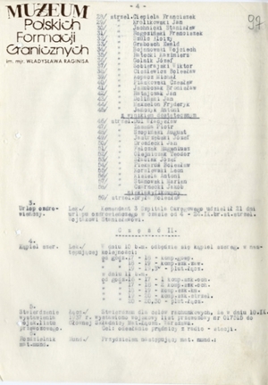 1. Tytuł: rozkaz dzienny nr 199 
2. Treść: rozkaz Dowództwa Centralnej Szkoły  Podoficerskiej Korpusu Ochrony Pogranicza w Osowcu,  dotyczący ukończenia kursu podoficerskiego 
3. Hasła przedmiotowe: Korpus Ochrony Pogranicza, kadra
4. Wytwórca: Dowództwo Centralnej Szkoły  Podoficerskiej KOP w Osowcu
5. Czas powstania: 10.09.1937 r.
6. Miejsce sporządzenia: Osowiec, Polska
7. Materiał i technika wykonania: maszynopis
8. Wymiary: 21,5 x 15 cm
9. Stan zachowania: dobry
10. Miejsce przechowywania/właściciel:   Archiwum Straży Granicznej w Szczecinie