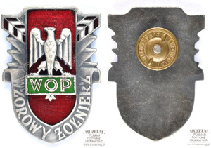 1.Nazwa własna: srebrna odznaka Wzorowego Żołnierza Wojsk Ochrony Pogranicza
2.Charakterystyka przedmiotu: w centrum orzeł koloru srebrnego, na czerwonej,emaliowanej tarczy, poniżej, na zielonym tle napis: „WOP”. Po bokach,na srebrnej wstędze napis: „Wzorowy żołnierz” oraz emaliowane, biało-czerwone słupy graniczne. Wymiary: 4,6 × 3,3 cm. nakrętka sygnowana przez Mennicę Państwową
3.Czas powstania: lata 80. XX w.
4.Hasła przedmiotowe: Wojska Ochrony Pogranicza, odznaczenia
5.Miejsce przechowywania/właściciel: Centrum Szkolenia Straży Granicznej w Kętrzynie