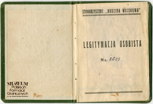 1.Tytuł: legitymacja osobista nr 8609
2.Treść: legitymacja osobista Urszuli Karolczyk (żony oficera Korpusu Ochrony Pogranicza) - członkini Stowarzyszenia „Rodzina Wojskowa”  
3.Hasła przedmiotowe: Korpus Ochrony Pogranicza, dokumentacja
4.Wytwórca: Stowarzyszenie „Rodzina Wojskowa”
5.Czas powstania: 01.01.1936 r.
6.Miejsce sporządzenia: Polska, Warszawa
7.Materiał i technika wykonania: papier, druk, wypełniony pismem odręcznym
8.Wymiary: 15 x 10,2 cm
9.Stan zachowania: bardzo dobry
10.Miejsce przechowywania/właściciel: Artur Ochał