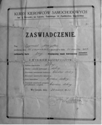 Zaświadczenie z 1937 roku, uprawniające Mieczysława Zygmunta do prowadzenia pojazdów mechanicznych