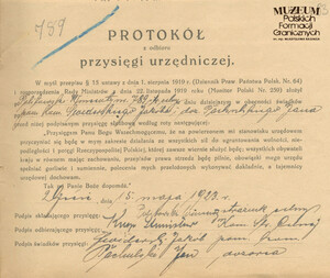 1. Tytuł: Wincenty Politowski
2. Treść: protokół przyjęcia przysięgi urzędniczej od str. Wincentego Politowskiego
3. Hasła przedmiotowe: Straż Celna, kadra
4. Wytwórca: Straż Celna 
5. Czas powstania: 15.05.1923 r.
6. Miejsce sporządzenia: Polska,Ujście
7. Materiał i technika wykonania: papier, druk wypełniony pismem odręcznym
8. Wymiary: 20,5 x 33 cm 
9. Stan zachowania: dobry
10. Miejsce przechowywania/właściciel: Archiwum Straży Granicznej w Szczecinie