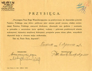 1. Tytuł: Politowski Wincenty
2. Treść: tekst przysięgi urzędniczej
3. Hasła przedmiotowe: Straż Graniczna, kadra
4. Wytwórca: Straż Graniczna
5. Czas powstania: 06.01.1929 r.
6. Miejsce sporządzenia: Polska, Rudna
7. Materiał i technika wykonania: druk wypełniony odręcznie
8. Wymiary: 21,7 x 17 cm
9. Stan zachowania: dobry
10. Miejsce przechowywania/właściciel: Archiwum Straży Granicznej w Szczecinie