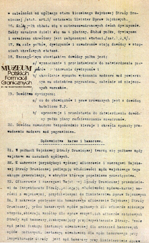 1. Tytuł: Tymczasowy regulamin Wojskowej Straży Granicznej
2. Treść: struktura organizacyjna Wojskowej Straży Granicznej
3. Hasła przedmiotowe: Wojskowa Straż Graniczna
4. Wytwórca: Ministerstwo Spraw Wojskowych
5. Czas powstania: marzec 1919 r.
6. Miejsce sporządzenia: Polska, Warszawa
7. Materiał i technika wykonania: maszynopis
8. Wymiary: 20 x 34 cm.
9. Stan zachowania: dobry
10. Miejsce przechowywania/właściciel: Archiwum Straży Granicznej w Szczecinie