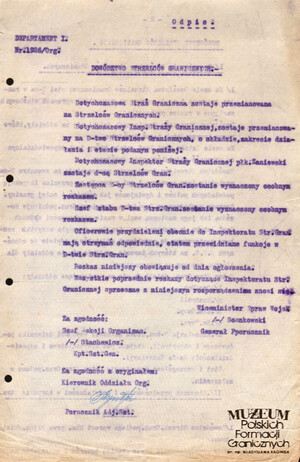 1. Tytuł: rozkaz Wiceministra Spraw Wojskowych z kwietnia 1920 (odpis)
2. Treść: przemianowanie Wojskowej Straży Granicznej w Strzelców Granicznych
3. Hasła przedmiotowe: Wojskowa Straż Graniczna, Strzelcy Graniczni
4. Wytwórca: Ministerstwo Spraw Wojskowych
5. Czas powstania: kwiecień 1920 r.
6. Miejsce sporządzenia: Polska, Warszawa
7. Materiał i technika wykonania: papier, maszynopis
8. Wymiary: 22 x 33 cm.
9. Stan zachowania: dobry
10. Miejsce przechowywania/właściciel: Archiwum Straży Granicznej w Szczecinie