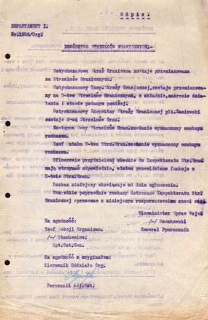 1. Tytuł: rozkaz Wiceministra Spraw Wojskowych z kwietnia 1920 (odpis)
2. Treść: przemianowanie Wojskowej Straży Granicznej w Strzelców Granicznych
3. Hasła przedmiotowe: Wojskowa Straż Graniczna, Strzelcy Graniczni
4. Wytwórca: Ministerstwo Spraw Wojskowych
5. Czas powstania: kwiecień 1920 r.
6. Miejsce sporządzenia: Polska, Warszawa
7. Materiał i technika wykonania: papier, maszynopis
8. Wymiary: 22 x 33 cm.
9. Stan zachowania: dobry
10. Miejsce przechowywania/właściciel: Archiwum Straży Granicznej w Szczecinie