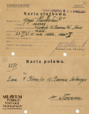 1.Tytuł: Karta służbowa
2.Treść: dokument z informacją dotyczącą przyjęcia szer. Stanisława Grybsia z 4 Kompani 16 Batalionu Celnego do Szpitala Okręgowego W.P. w Grudziądzu na oddział wewnętrzny
3.Hasła przedmiotowe: Bataliony Celne, zaopatrzenie i opieka 
4.Wytwórca: Kierownik Centralnego Biura Przyjęć w szpitalu
5.Czas powstania: 20.09.1921 r.
6.Miejsce sporządzenia: Polska, Grudziądz
7.Materiał i technika wykonania: papier, druk wypełniony pismem odręcznym
8.Wymiary: 15 x 11 cm
9.Stan zachowania: dobry
10.Miejsce przechowywania/właściciel: Archiwum Straży Granicznej w Szczecinie