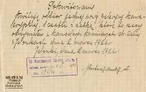1.Tytuł: Rudolf Hartwich
2.Treść: pokwitowanie odbioru peleryny kawaleryjskiej oraz szabli przez Rudolfa Hartwicha 
3.Hasła przedmiotowe: Straż Celna, kadra
4.Wytwórca: Rudolf Hartwich 
5.Czas powstania: 02.03.1926 r.
6.Miejsce sporządzenia: Polska, Jelonki
7.Materiał i technika wykonania: papier, pismo odręczne
8.Wymiary: 18 x 11.5 cm
9.Stan zachowania: dobry
10.Miejsce przechowywania/właściciel: Archiwum Straży Granicznej w Szczecinie