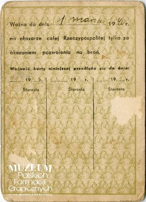 1. Tytuł: karta łowiecka
2. Treść: karta łowiecka st. sierż. Jana Rubasa
3. Hasła przedmiotowe: Korpus Ochrony Pogranicza, kadra
4. Wytwórca: Krzemienieckie Starostwo Powiatowe
5. Czas powstania: 10.11.1937 r.
6. Miejsce sporządzenia: Polska, Krzemieniec
7. Materiał i technika wykonania: papier, druk wypełniony pismem odręcznym
8. Wymiary: brak danych
9. Stan zachowania: dobry
10. Miejsce przechowywania/właściciel: Maria Rubas