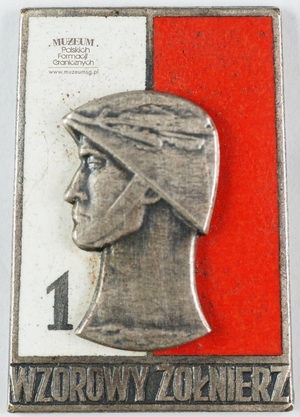 1.Nazwa własna: Odznaka Wzorowego Żołnierza 1 stopnia wz. z 1968 r. 
2.Charakterystyka przedmiotu: prostokątna srebrna odznaka z głową żołnierza w hełmie na biało-czerwonym  tle, na białym polu cyfra 1, poniżej napis: „Wzorowy Żołnierz”. Wymiary: 4,1 cm x 2,5 cm.
3.Czas powstania: przed 1991 r.
4.Hasła przedmiotowe: Wojska Ochrony Pogranicza, odznaczenia
5.Miejsce przechowywania/ właściciel: Sala Tradycji Ośrodka Szkoleń Specjalistycznych SG w Lubaniu. Odznakę użyczył pan Paweł Żółtański