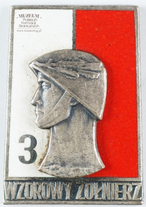 1.Nazwa własna: Odznaka Wzorowego Żołnierza 3 stopnia wz. z 1968 r.
2.Charakterystyka przedmiotu: prostokątna srebrna odznaka z głową żołnierza w hełmie na biało-czerwonym tle, na białym polu cyfra 3, poniżej napis: „Wzorowy Żołnierz”. Wymiary: 4,1 cm x 2,5 cm
3.Czas powstania: przed 1991 r.
4.Hasła przedmiotowe: Wojska Ochrony Pogranicza, odznaczenia
5.Miejsce przechowywania/ właściciel: Sala Tradycji Ośrodka Szkoleń Specjalistycznych SG w Lubaniu. Odznakę użyczył  pan Paweł Żółtański