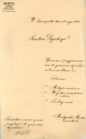 Prośba Jana Medyńskiego o dopuszczenie do egzaminu dojrzałości w C.K. Szkole Realnej w Tarnopolu (1909 r.); u dołu z lewej strony dokumentu zgoda ojca