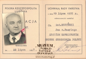 Legitymacja Krzyża Kawalerskiego Orderu Odrodzenia Polski (1957 r.)